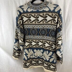 90s‎ Vintage Erika Women's Sweater Knit Geometric Pattern Long Sleeve Blue Brown